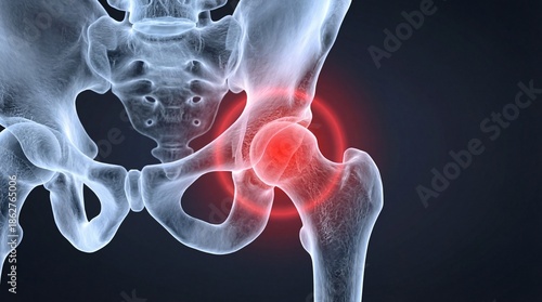 Detailed 3D Medical Illustration of Hip Joint with Red Highlight on Pelvis Area