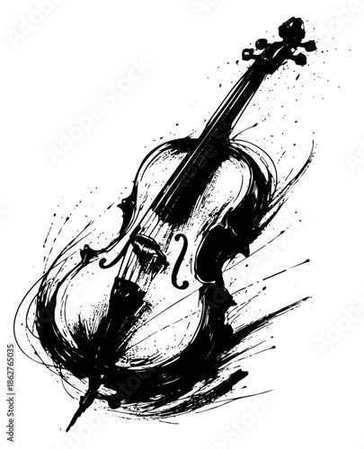 Hand drawn ink brush illustration of a cello depicting expressive strokes for music themed designs