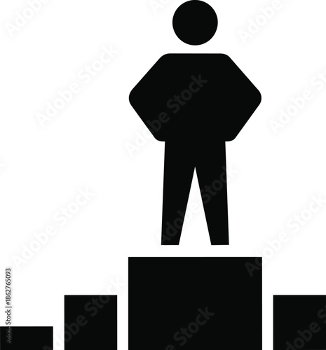 Minimalist icon of a triumphant winner standing on the top of a podium for first place.