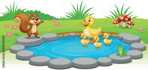 Cute Cartoon Squirrel and Mother Duck with Ducklings at Garden Pond, Happy Animal Nature Scene Vector Illustration with Frog.