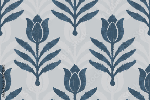 Seamless Indigo Floral Folk Pattern on Soft Gray Background. Traditional ornamental motifs, Scandinavian, Ideal for textiles, wallpaper, upholstery, fashion fabrics, wrapping paper, and interior décor
