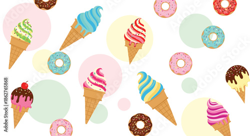 Delightful seamless pattern of colorful ice cream cones and frosted donuts with sprinkles, set against a background of pastel circles.