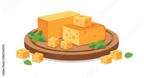 Vector illustration of cheese blocks and cubes arranged on a round wooden cutting board, garnished with fresh mint leaves.
