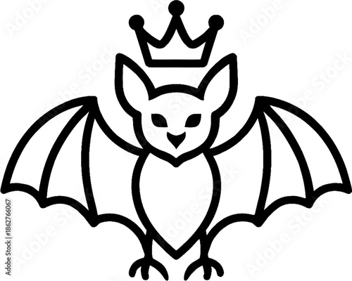 King Bat with Crown Line Art Icon, Minimalist Royal Vampire Bat Outline Vector