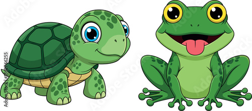 Cute cartoon vector illustration of a friendly green turtle and a cheerful frog sticking out its tongue, perfect for children's designs, nature, and reptile-themed educational materials.
