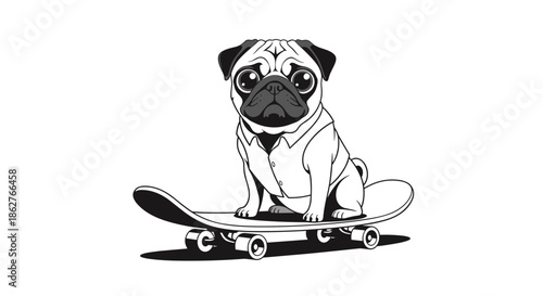 Black and white illustration of a serious pug dog wearing a collared shirt while sitting on a skateboard for a cool look.