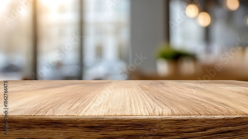 smooth light oak table with bright blurred office background