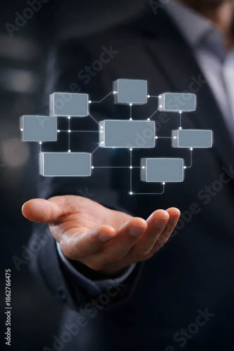 Hand displaying a digital organizational flowchart