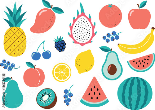 Flat Design Fruit Collection with Tropical and Summer Favorites Including Pineapple, Watermelon, Pitaya, and Mango Vector Illustration