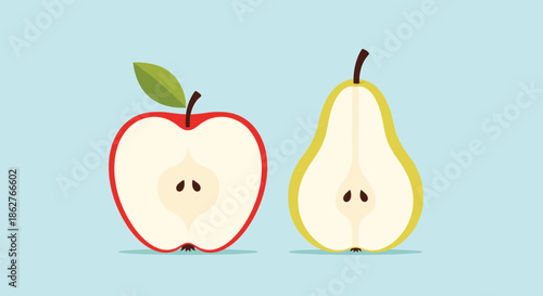 A simple flat illustration of a red apple and a yellow pear, both cut in half to show the core, seeds, and flesh inside.