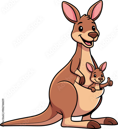 Cute cartoon vector illustration of a friendly mother kangaroo carrying her baby joey in her pouch, giving a thumbs-up gesture, symbolizing family, Australia, and maternal love.