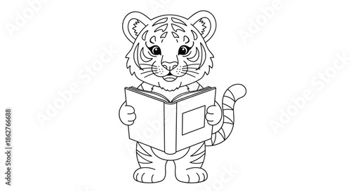Adorable baby tiger character standing and holding an open book for reading in a black and white line art illustration.