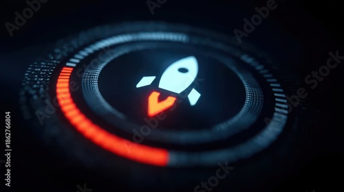 Innovation focused idea creation concept showing a digital interface with rocket symbols guiding a new product launch journey from initial concept to final execution