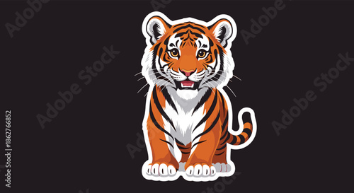 High quality digital sticker of a realistic baby tiger cub sitting alert against a dark background for wildlife themes.