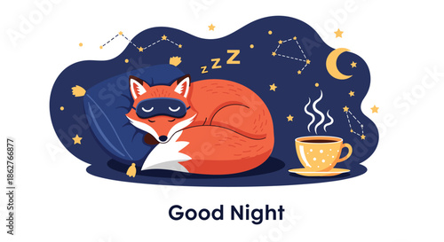 A cute illustration of a sleeping fox wearing an eye mask, with a cup of tea and stars, and the text 'Good Night'.