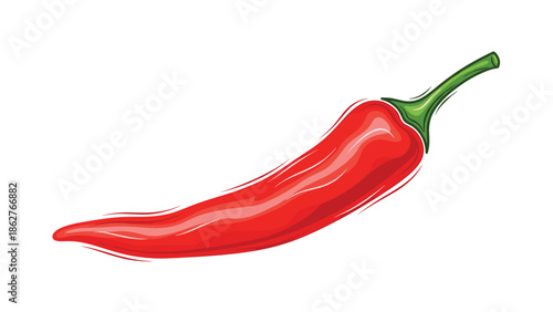 Vibrant red chili pepper with a green stem is shown in a colorful hand drawn illustration style on a white background.