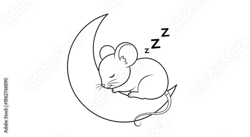 Peaceful little mouse sleeping soundly on a crescent moon with small Z symbols indicating deep rest in line art style.