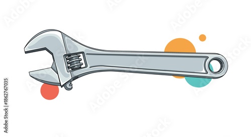 A detailed illustration of a metallic adjustable wrench or spanner tool, with colorful abstract circles in the background.