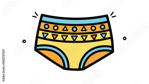 Fun and colorful illustration of patterned swim trunks or underwear with tribal and geometric motifs on a white background.