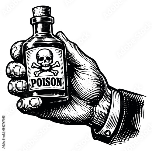 Vintage hand drawn illustration of a hand holding a poison bottle depicting danger for retro designs