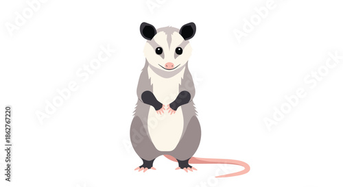 Detailed illustration of an opossum standing on its hind legs looking forward with a friendly facial expression.