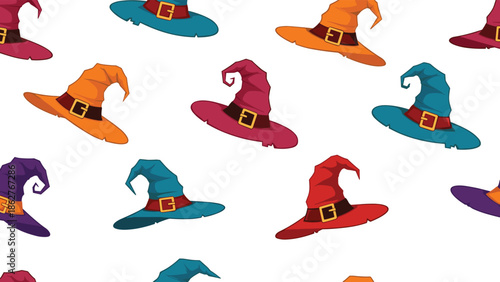 Playful Halloween pattern featuring colorful witch hats on a white background is perfect for holiday themed graphics.