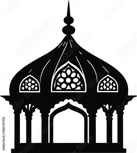 Ornate Indian architectural pavilion silhouette, Mughal style dome vector illustration