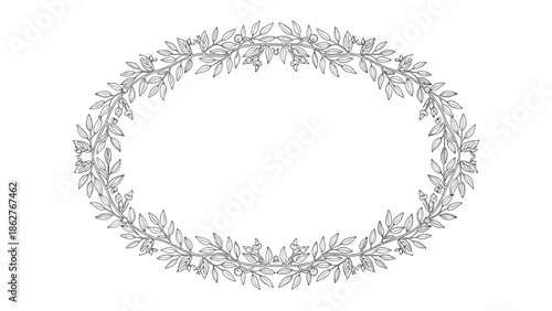 Ornate oval frame made of delicate leaves and branches in black and white provides an elegant border for text or photos.