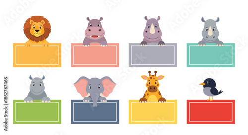 Series of eight animal characters including a lion, hippo, and giraffe peeking over colorful rectangular cards.