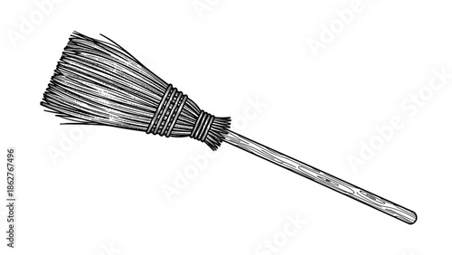 Traditional handmade broomstick with a wooden handle and straw bristles is shown in a detailed black and white drawing.