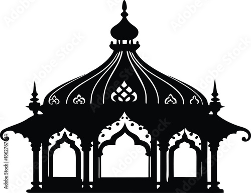 Ornate traditional architectural garden pavilion, Elegant intricate vintage building silhouette