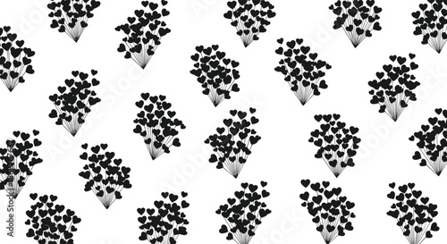 A romantic seamless pattern of black heart-shaped balloons or flowers arranged in bouquets on a clean white background.