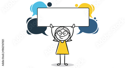 Stick figure girl in a yellow dress holding up a large blank horizontal banner with speech bubbles in the background.