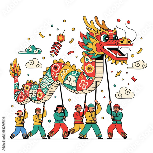 A colorful cartoon dragon dance performance with a vibrant dragon and six dancers in traditional attire, surrounded by festive confetti and fireworks against a clean white background with a