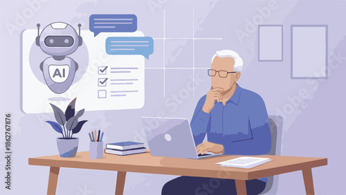 Businessman interacting with AI assistant on laptop, generative artificial intelligence