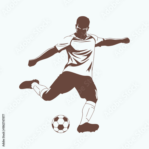 A brown silhouette of a man kicking a soccer ball in mid action