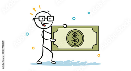 Successful stick figure man wearing glasses and carrying a giant dollar bill to represent wealth, money, and financial gain.