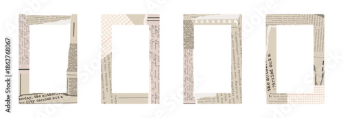 Torn vintage ripped collage frames with old clipping texture. Newspaper borders for scrapbook. Old gazette news sheets. Trendy retro vintage paper cut, rip torn. Isolated vector illustration.