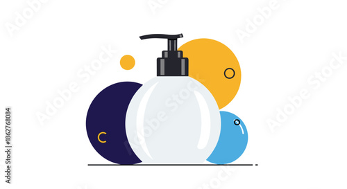 A modern flat illustration of a white cosmetic pump bottle for soap or lotion, set against colorful abstract circles.
