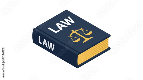 Isometric illustration of a law book with scales of justice on white background