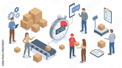 Logistics and Delivery Service Management with Workers, Boxes, and Stopwatch