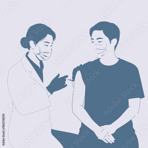 Vector illustration of a doctor giving a man a vaccination on colored background