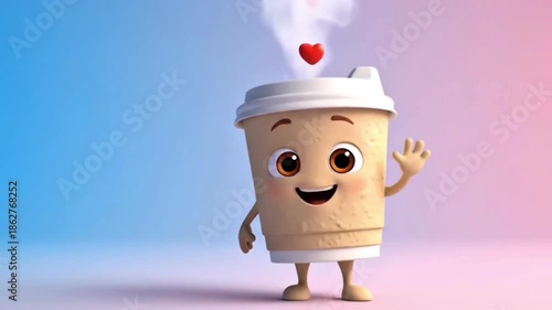 Cute 3D coffee cup character walking and waving with a red heart popping out of the steam. Concept for coffee lovers and morning energy