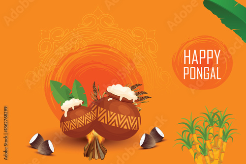 Happy pongal festival celebration with traditional pots and sugarcane