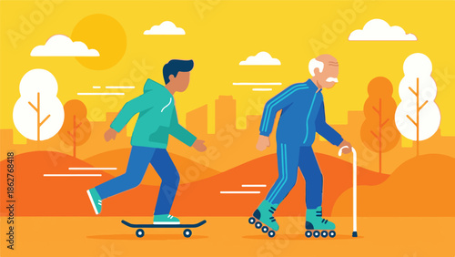 Young man skateboarding and senior man rollerblading in park