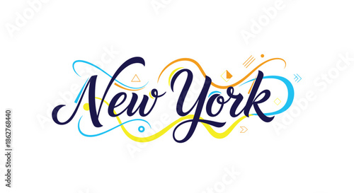 Elegant dark blue calligraphy spelling out New York, adorned with vibrant yellow, orange, and blue swirls and geometric shapes for a modern design.