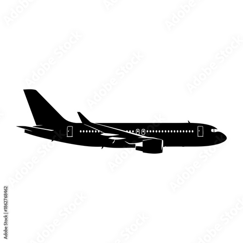 A black silhouette of a commercial airplane flying