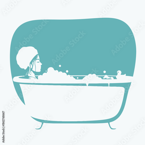Teal and white illustration of a person in a bathtub with bubbles