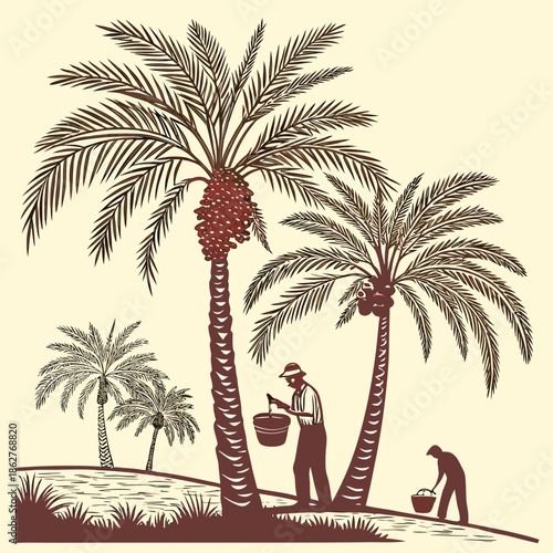 Palm tree harvest with two workers and date bunches