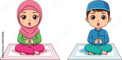 Cute Cartoon Muslim Boy and Girl Characters Praying on Rugs, Happy Islamic Child Supplication Mascot Vector Illustration Set.